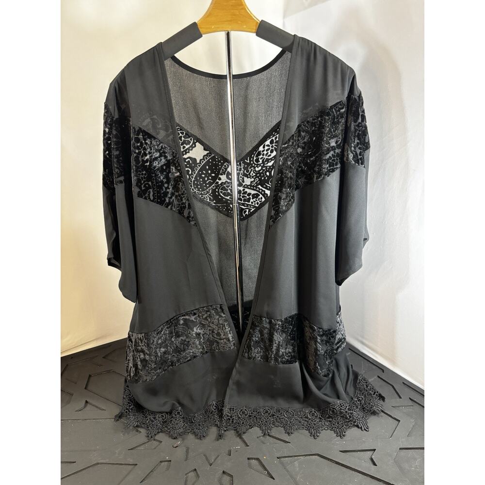 Black Sheer Velvet Burnout Duster Kimono Lace Hem Boho Goth Romantic